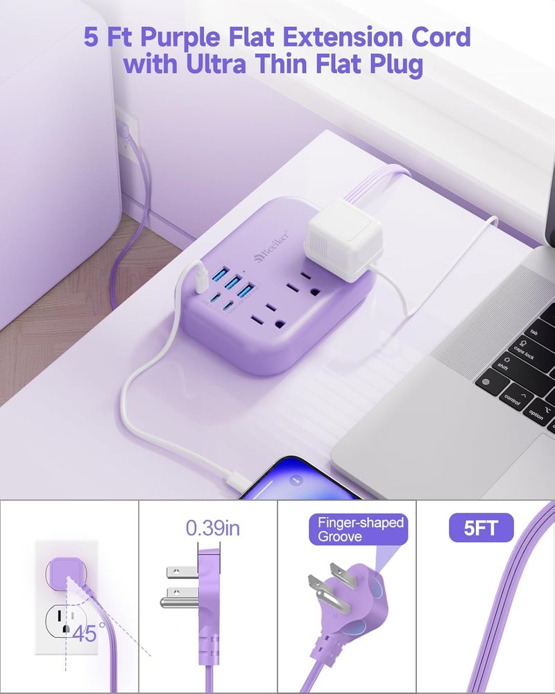 Beeiker 6 USB(3 USB C) Purple Travel Power Strip- 5Ft Purple Extension Cord with USB Charging Station 24W and 3 Outlets, Pink Desk Accessories for Cruise Travel Cute Kawaii Lavender Home Office Dorm Room - Image 5